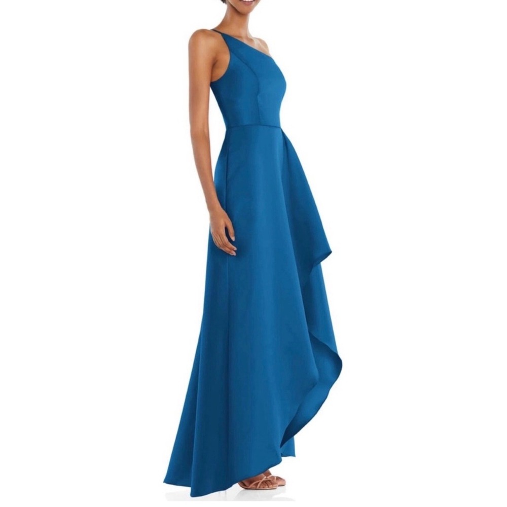NWT Alfred Sung‎ D831 Classic Blue One-Shoulder Twill High-Low Gown Size 8 $252 - Picture 2 of 6